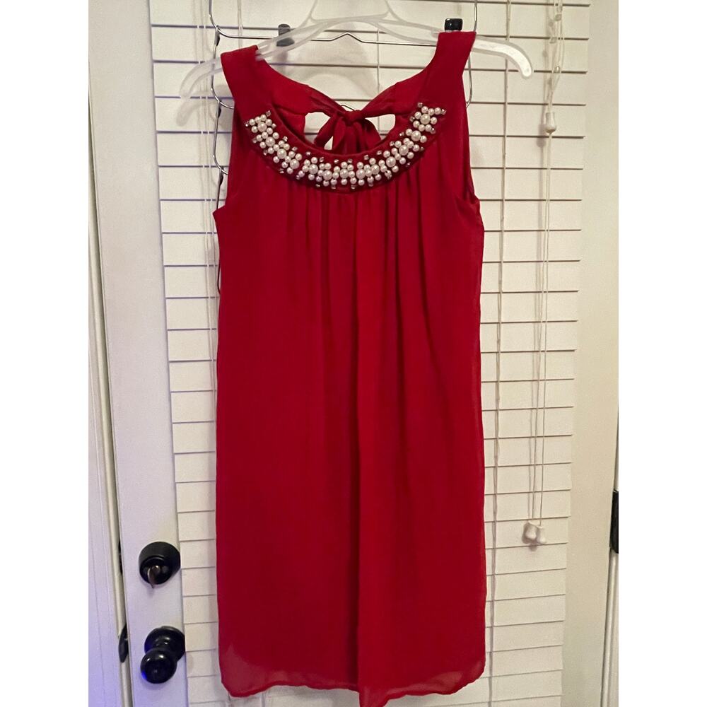 En Focus Studio Shift Mini Dress Beaded Neckline Stretch Bright Red Women's Sz 4
